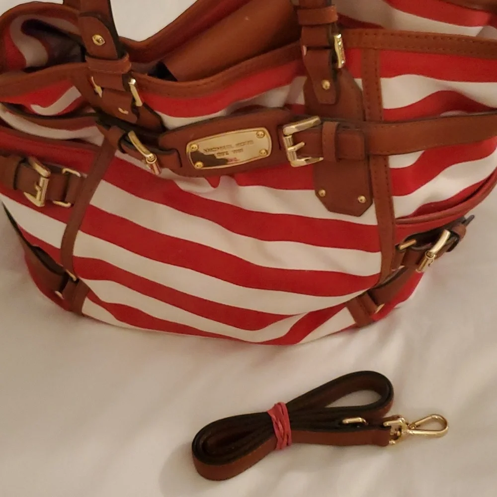 Michael Kors Gansevort canvas Purse Tote Striped red white - Picture 8 of 11